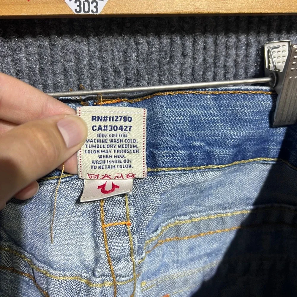 True Religion Joey Jeans Mens 32 Blue Distressed Flare Twisted Seam Made in USA